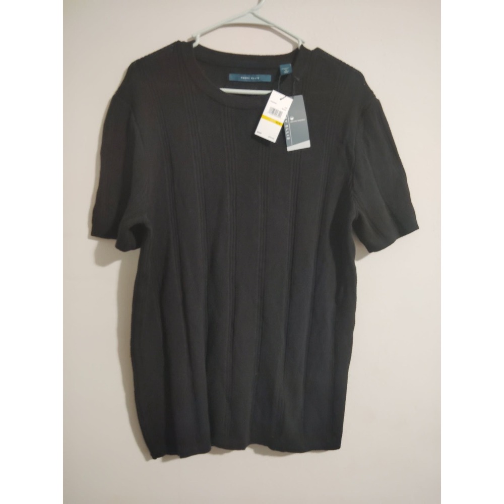 Perry Ellis Men's Short Sleeve Crew Neck Cable Knit Sweater Black Size Medium